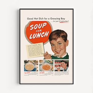 CANNED SOUPS AD, Vintage Lunch Ad Print, 1950s Wall Art, Classic Decor, Mid-Century Chicken Gumbo Poster, Retro Cream of Mushroom Poster