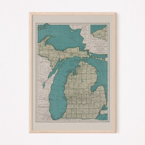 VINTAGE MICHIGAN MAP, Vintage Map of Michigan Wall Art, Vintage Map Reproduction, Historical Wall Art, Home Decor
