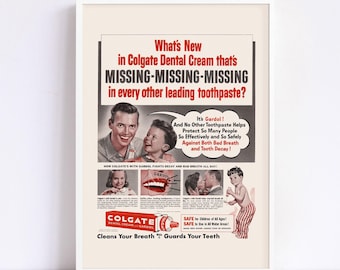 RETRO TOOTHPASTE AD, Vintage Bathroom Poster Ad, Vintage Ad, Retro Mid-Century Ad, High Quality Reproduction