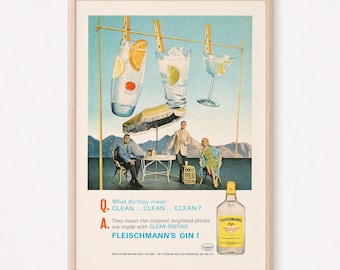 VINTAGE GIN AD, Retro Kitsch Gin Ad, Bar Poster, 1950s Old Bar Decor, Old Retro Ad, Home Bar Art