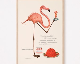 PINK FLAMINGO AD with Jelly, Pink Flamingo Poster, Vintage Kitchen Poster,  Retro Wall Art