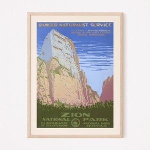 ZION NATIONAL PARK, American National Parks Poster, Vintage Travel Print,  Utah Travel Poster, Classic Zion Canyon Art, 1930s, 1940s