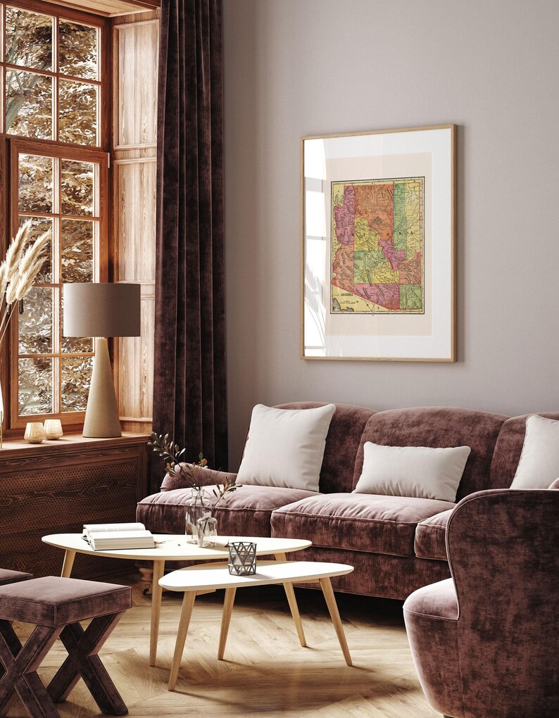 VINTAGE ARIZONA MAP Print Antique Wall Art, Vintage Map of Arizona, Arizona Travel Poster Arizona wall art Home decor Map Ribba image 4