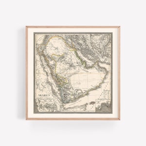 CARTE DE L'ARABIE SAOUDITE, carte rétro de l'Arabie saoudite, carte de La Mecque, carte du monde arabe, affiche carrée, reproduction professionnelle