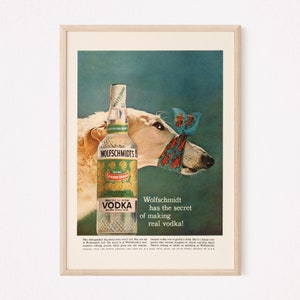 RETRO VODKA AD, Retro-Bar-Werbung, altes Retro-Hundeplakat Mid-Century-Plakat Vintage Bar-Plakat altes Hundeplakat Retro-Kitsch-Wodka-Plakat