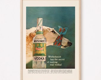 RETRO VODKA AD, Retro Bar Ad, Old Retro Dog Poster Ad Mid-Century Poster vintage Bar Poster Old Dog Poster Rétro Kitsch Vodka Poster