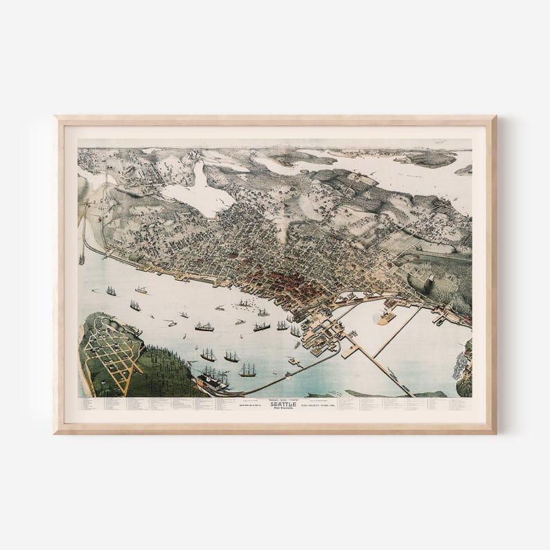 Vintage SEATTLE Map Print Antique Wall Art, Vintage Map of SEATTLE Harbour, SEATTLE Map Print, Seattle Poster, Antique Seattle Print image 1
