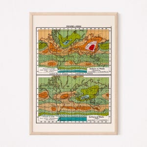 VINTAGE WORLD MAP, Vintage Map Wall Art, Vintage Map Reproduction, Winds and Pressure Map, Retro World Map, Minimal World Map Art