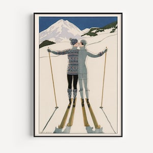 ROMANTIC SKI PRINT, Vintage Fashion Poster, Vintage Ski Poster, 1920s Fashion Art, Vintage Fashion Wall Art, French Art Deco Poster image 1