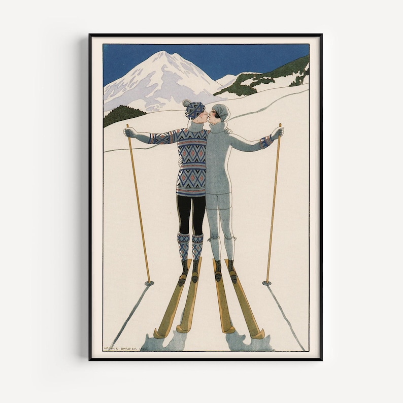 ROMANTIC SKI PRINT, Vintage Fashion Poster, Vintage Ski Poster, 1920s Fashion Art, Vintage Fashion Wall Art, French Art Deco Poster image 1