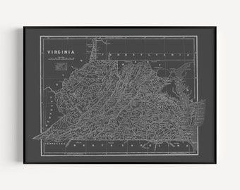 VIRGINIA STATE MAP, Blueprint Map of Virginia, Vintage Map, Office Wall Art, Professional Reproduction