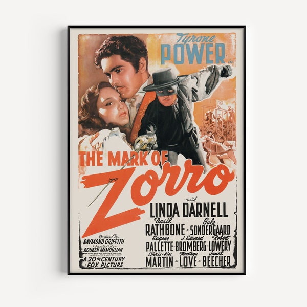 VINTAGE MOVIE POSTER, Zorro Movie Poster, Tyrone Power Movie Poster, Home Decor Wall Art