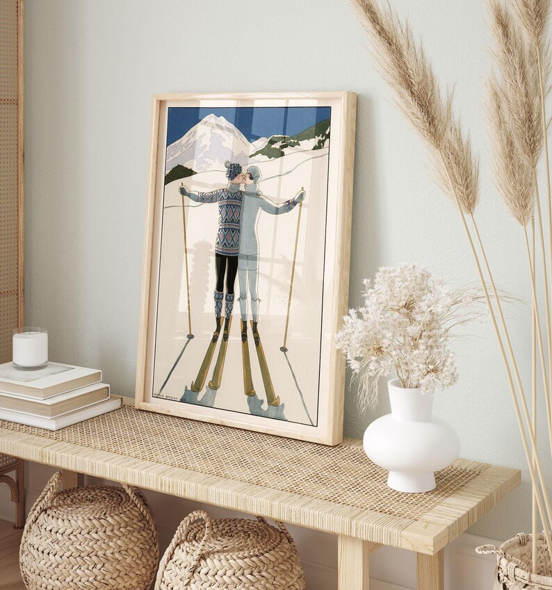 ROMANTIC SKI PRINT, Vintage Fashion Poster, Vintage Ski Poster, 1920s Fashion Art, Vintage Fashion Wall Art, French Art Deco Poster image 2