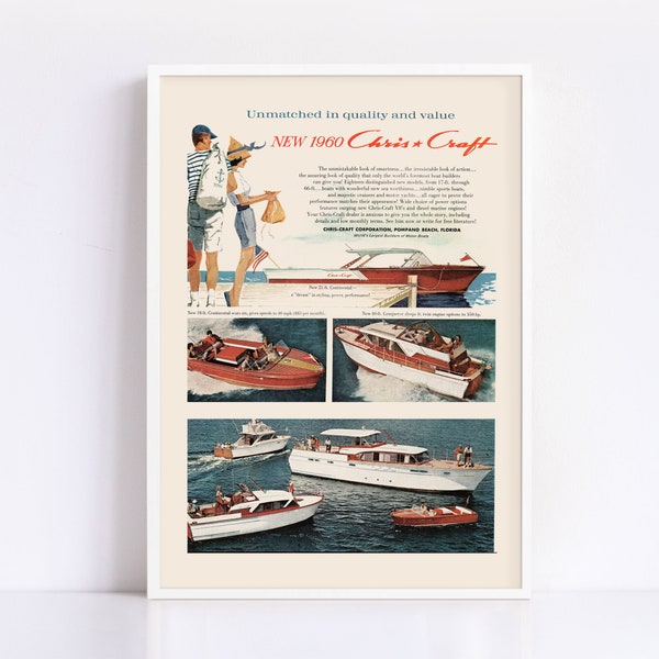 AFFICHE DE BATEAU DES ANNÉES 1960, Reproduction professionnelle, Annonce de bateau à moteur, Maison de plage rétro, Art mural nautique