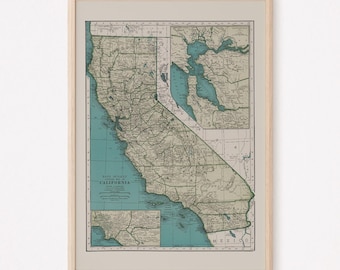 CARTE DE L'ÉTAT DE LA CALIFORNIE, carte vintage de la Californie, impression de carte antique, art mural historique, décoration de salon
