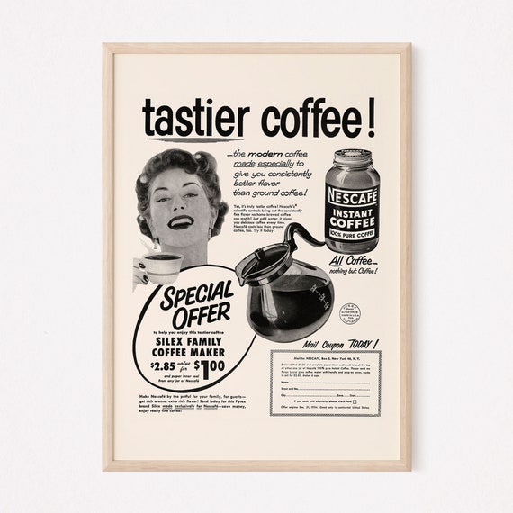 VINTAGE INSTANT COFFEE Anzeige Retro Mid Century Anzeige Vintage Kuchen Plakat 1950er Jahre Retro Kitsch Kaffee Plakat Mid Century Wandkunst Etsy