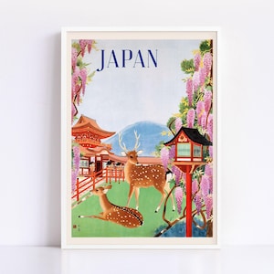 NARA JAPAN PRINT, Vintage Japanese Tourism Poster with Deer Park Scene, Travel Art, Reproduction Giclee image 1