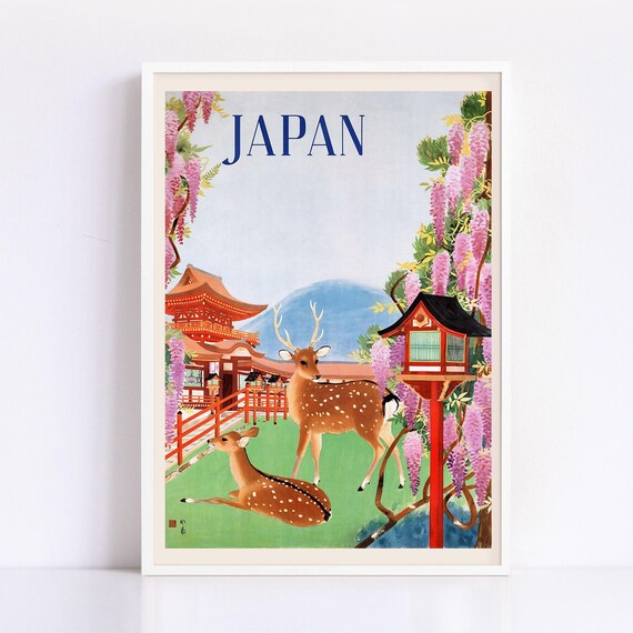 NARA JAPAN PRINT, Vintage Japanese Tourism Poster with Deer Park Scene, Travel Art, Reproduction Giclee