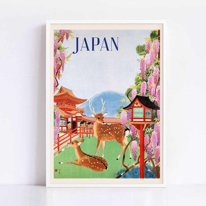 NARA JAPAN PRINT, Vintage Japanese Tourism Poster with Deer Park Scene, Travel Art, Reproduction Giclee image 1