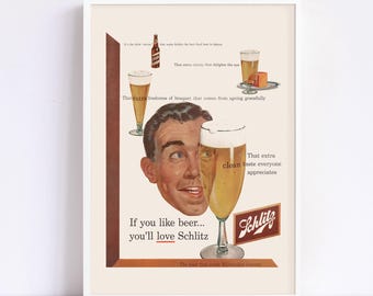 VINTAGE BEER AD, Kitsch Beer Poster, Bar Decor, 1950s Ad, High Quality Reproduction, Retro Bar Wall Art