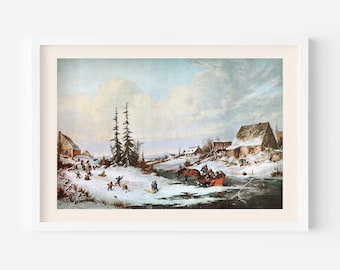 WINTER ART PRINT, Rustic Home decor, Cornelius Krieghoff, Playtime, Village School, 1857