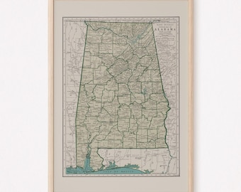 VINTAGE ALABAMA MAP, Vintage Map of Alabama Wall Art, Vintage Map Reproduction, Alabama Poster