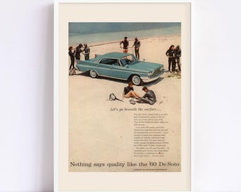 1960 BEACH CAR AD, Retro Car Ad, Scuba Diving Poster, Car Poster, Professional Reproduction, Car Wall Art, Classic Car Ad