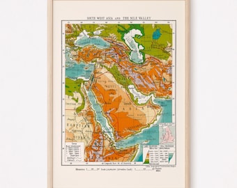 VINTAGE MIDDLE EAST Map, Vintage Map Wall Art, Vintage Map Reproduction, Egypt Map, Nile River Map