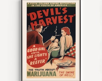 MARIJUANA POSTER, Devil's Harvest Vintage Movie Poster, High Quality Reproduction, Kitsch Movie Poster, Exploitation Film Movie Poster