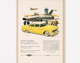 Pubblicità di un'auto gialla d'epoca, pubblicità di un'auto di metà secolo, pubblicità retrò, poster in stile vintage, poster di un'auto retrò, pubblicità di un'auto d'epoca, poster, Ribba