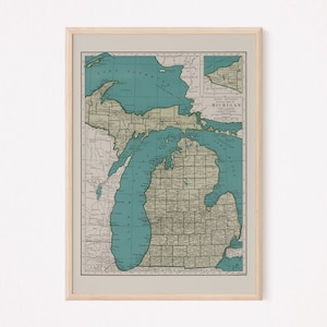 VINTAGE MICHIGAN MAP, Vintage Map of Michigan Wall Art, Vintage Map Reproduction, Historical Wall Art, Home Decor