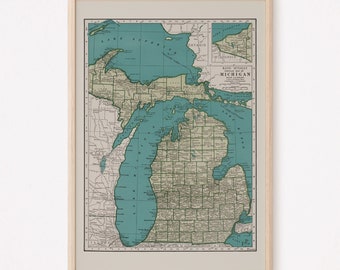 VINTAGE MICHIGAN MAP, Vintage Map of Michigan Wall Art, Vintage Map Reproduction, Historical Wall Art, Home Decor