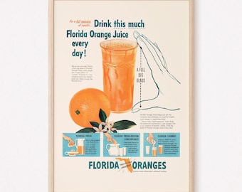 VINTAGE FLORIDA SINAASAPPELS advertentie, retro ontbijtposter, retro keukenposter koel oranje vintage keuken muurkunst ribba-formaat poster keuken