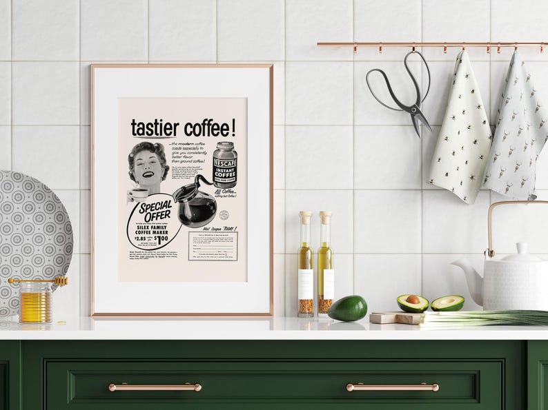 VINTAGE INSTANT COFFEE Ad, Retro Mid-Century Ad, Vintage Kitchen Poster, 1950s, Retro Kitsch Coffee Poster, Mid Century Wall Art image 4