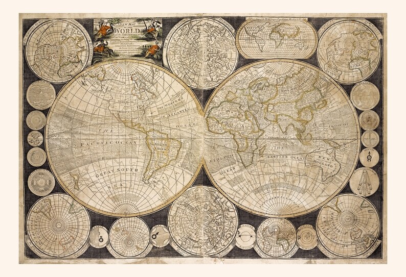 Mapa antiguo del mundo, mapa de viajes, arte mural náutico, decoración del hogar con mapa antiguo, reproducción profesional, póster para viajeros, década de 1900. imagen 7