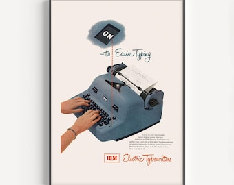 RETRO TYPEWRITER POSTER, 1950s Typewriter Print, Blue Typewriter Poster, Electric Typewriter Ad, Retro Mid-Century Advertisement