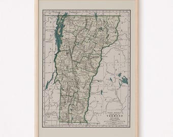 VINTAGE VERMONT MAP, Professional Reproduction, Map of Vermont Wall Art, Vermont State Decor, Antique American Map, Living Room Decor