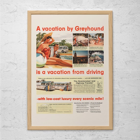 VINTAGE GREYHOUND BUS Ad Mid-Century Poster Garage Mechanic Retro Travel Ad