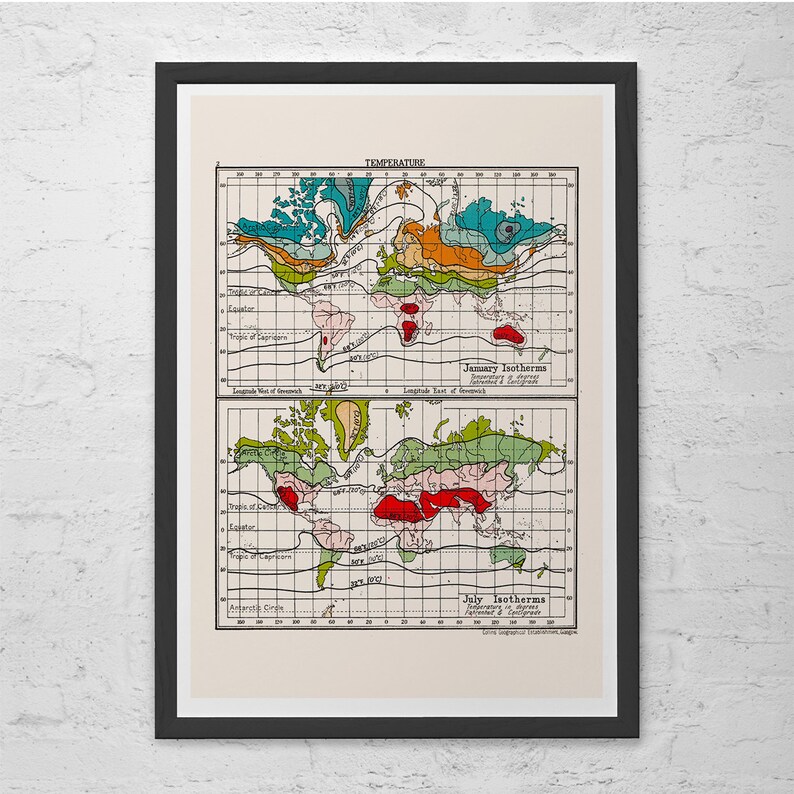 Retro World Map Vintage Map Wall Art Vintage Temperature Map VINTAGE WORLD MAP Vintage Map Reproduction Minimal World Map Art