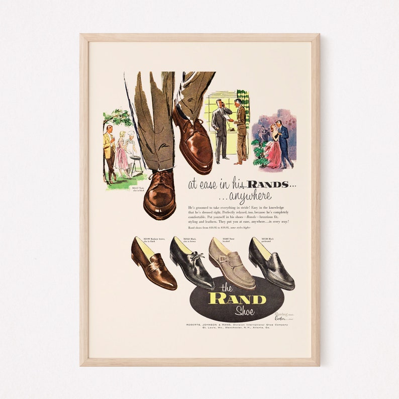 VINTAGE MEN'S SHOES Ad, Classic Mens Shoes Ad, Mid-Century Mens Fashion Poster Ad Poster Retro Leather Shoes Ad image 1
