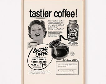 VINTAGE SNABBKAFFE-ANNONS, Retroannons från mitten av århundradet, Vintage köksaffisch, 1950-talet, Retro Kitsch-kaffeaffisch, Väggkonst från mitten av århundradet