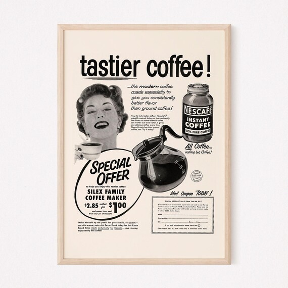 VINTAGE INSTANT COFFEE Ad, Retro Mid-Century Ad, Vintage Kitchen Poster, 1950s, Retro Kitsch Coffee Poster, Mid Century Wall Art