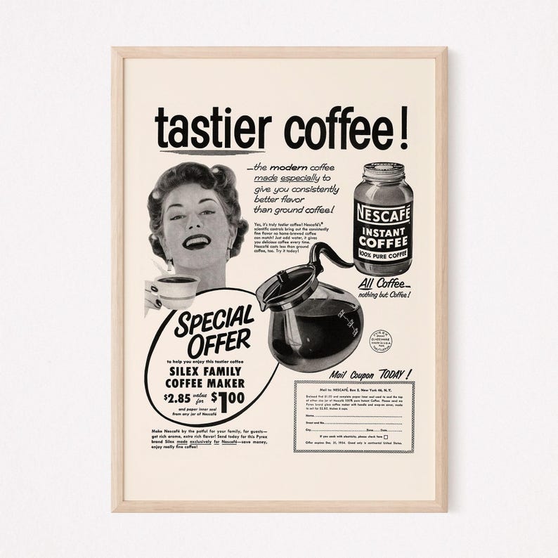 VINTAGE INSTANT COFFEE Ad, Retro Mid-Century Ad, Vintage Kitchen Poster, 1950s, Retro Kitsch Coffee Poster, Mid Century Wall Art image 1