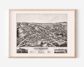 SPENCER PERSPECTIVE MAP, Antique Massachusetts Reproduction Print, Historical Wall Art, Living Room Decor, Bird's Eye View