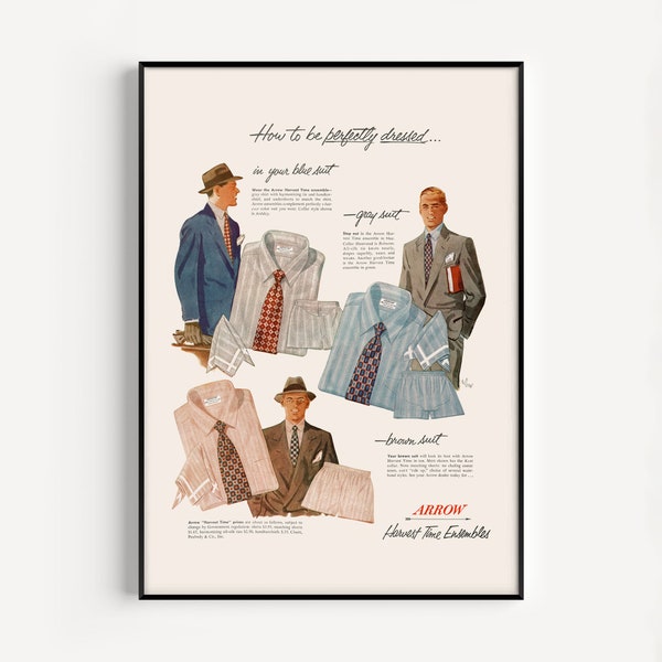 COSTUMES ET CHEMISES, impression publicitaire vintage, affiche de mode masculine des années 1950, décor de bureau classique, affiche du milieu du siècle, affiche rétro, Mad Men Art