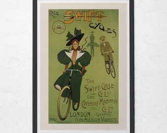 ANTIQUE BICYCLE POSTER - Swift Cycles Poster - Art Nouveau Poster, High Quality Giclee Print, Green Bike Poster, Vintage Bike Print