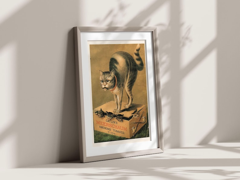Antique TOBACCO PIPE ART, Meerschaum Pipe Sign, Antique Cat Poster, Man Cave Wall Art, Vintage Smoking Poster, Pipe Smoker Gift image 2