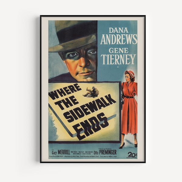 CLASSIC Movie Poster, Dana Andrews Movie Poster, High Quality Reproduction, Film Noir Movie Poster Where the Sidewalk Ends Film Poster