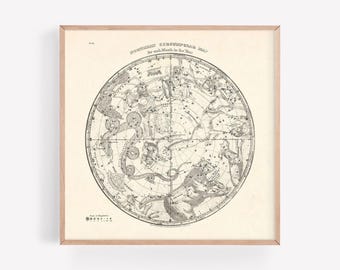 ANTIQUE ASTROLOGY MAP, Northern Circumpolar Map, Vintage Zodiac Map Wall Art, Constellation Chart Gift, Fun Home Decor