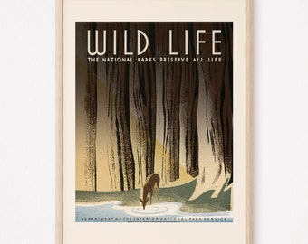 USA NATIONAL PARKS Poster, Vintage American Travel Print,  Wildlife Love Poster, The National Parks Preserve All Life Poster, 1930s, 1940s